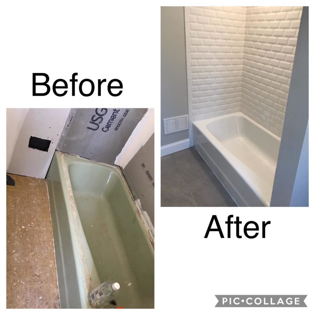 Before and after image of a bathtub renovation, showing the old, worn-out bathtub on the left and the new, refreshed bathtub on the right
