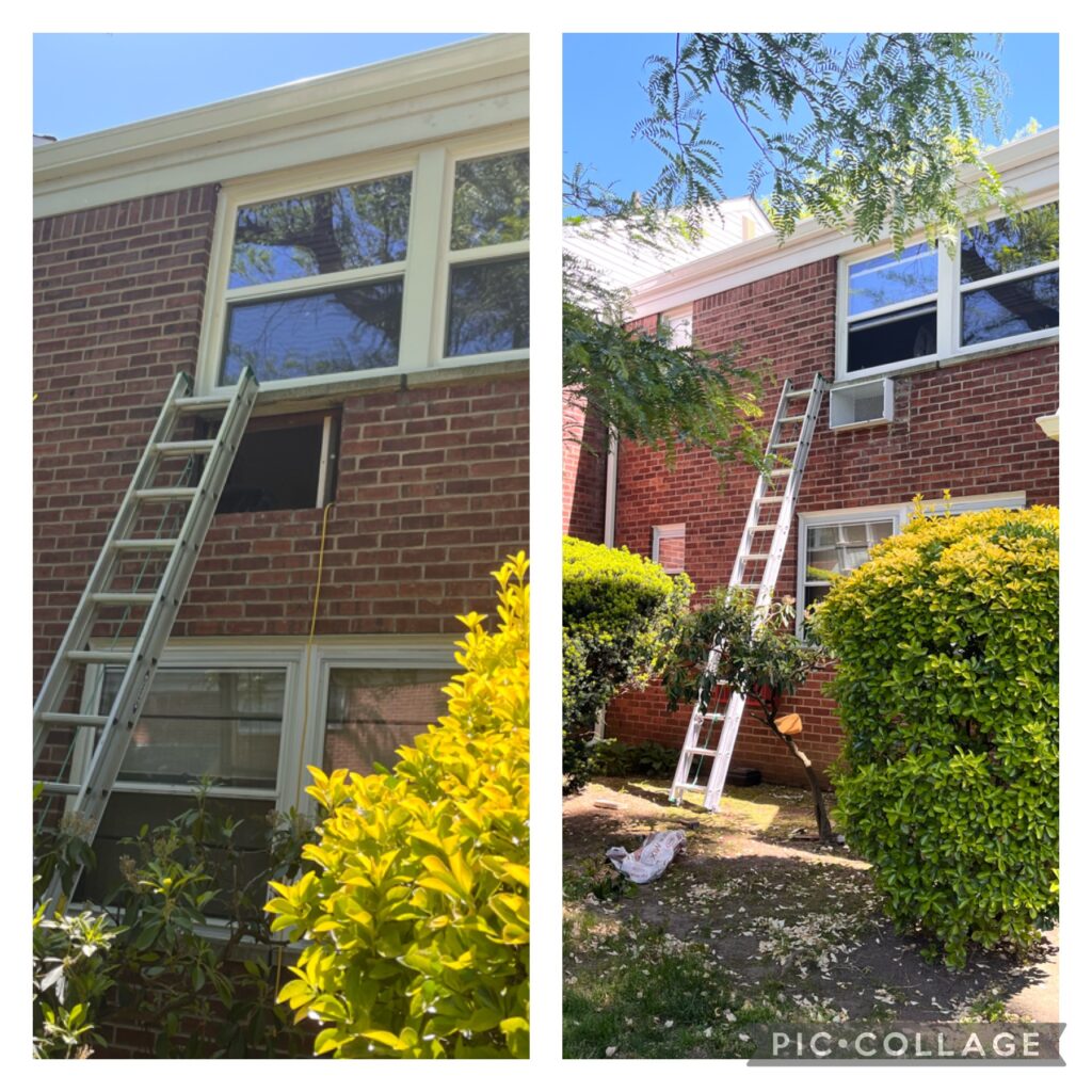 A wall with a brick layout and a window, with a ladder leaning against it, indicating maintenance work being done outdoors